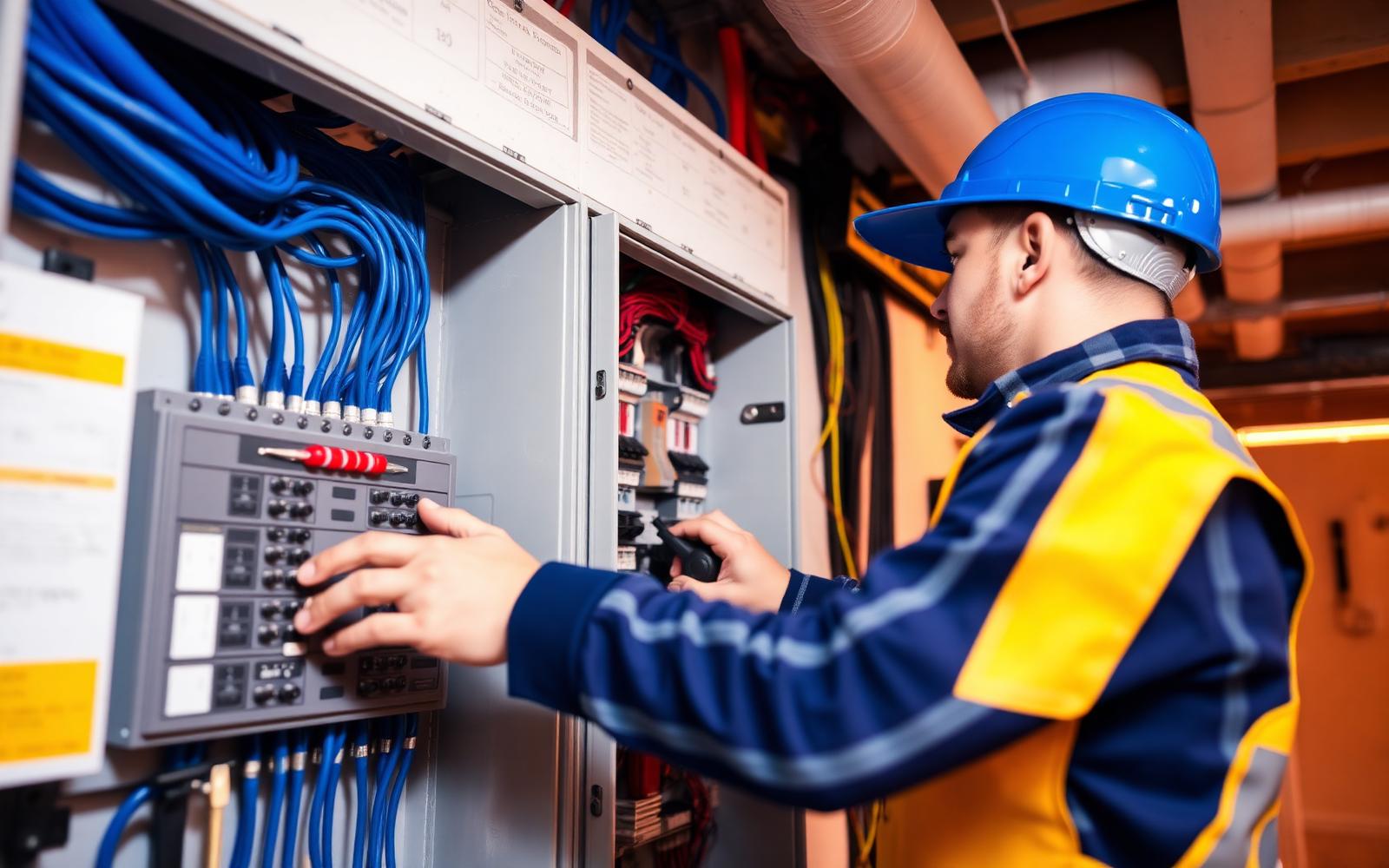 Técnico eletricista da Elevasol realizando manutenção em quadro elétrico